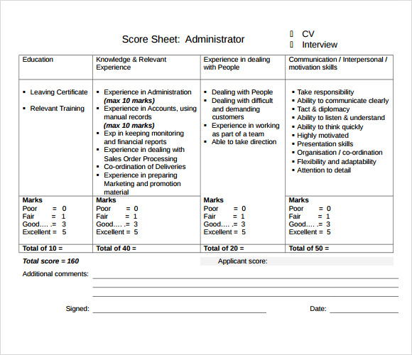 interview score sheet template download