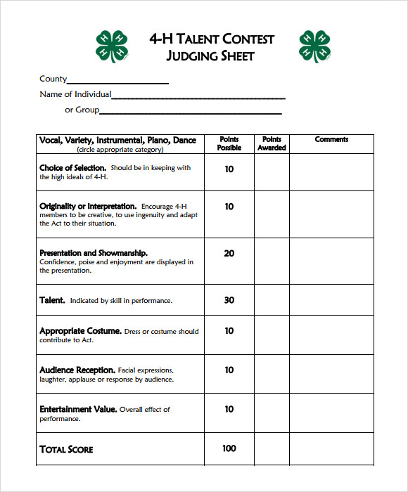 Talent Show Score Sheet Sample