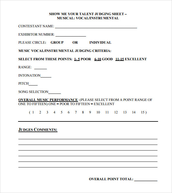 form show judge talent audition Score  â€“ Word, Pages PDF, Show 9 Sample Talent Sheets