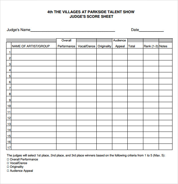 FREE 9 Sample Talent Show Score Sheet Templates In PDF MS Word Pages