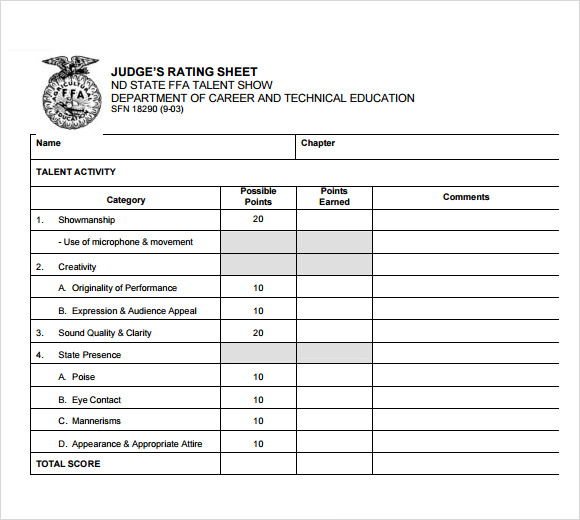 Printable Judges Score Sheet Template