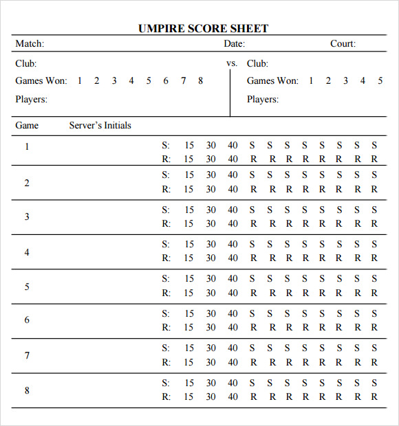 Printable Tennis Score Sheet