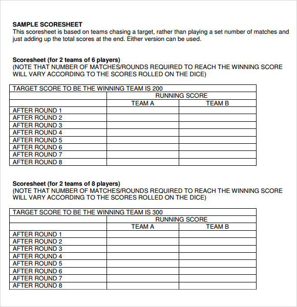 six a side cricket score sheet