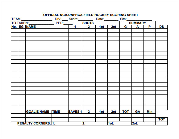 Sample Hockey Score Sheet Templates in PDF