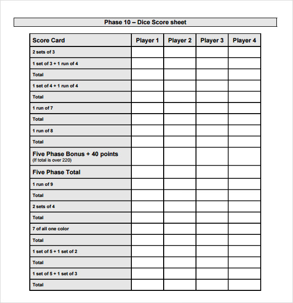 FREE 5+ Sample Phase 10 Score Sheet Templates in PDF