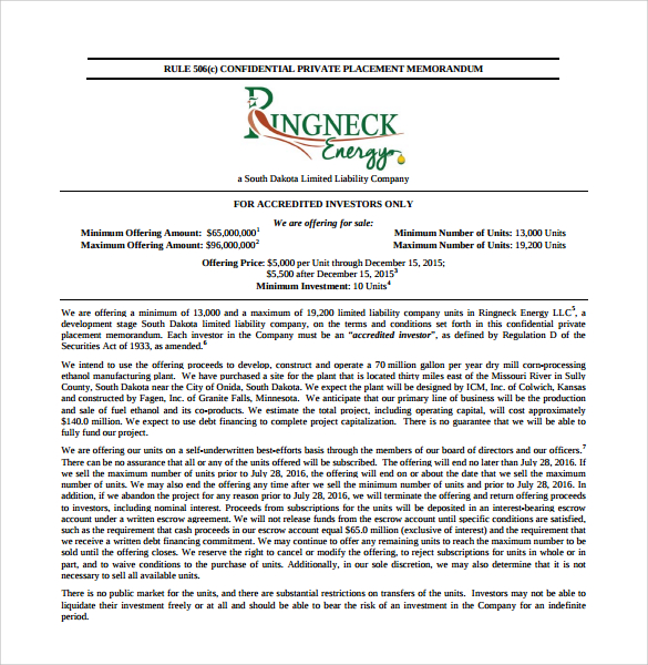 private placement memorandum example1
