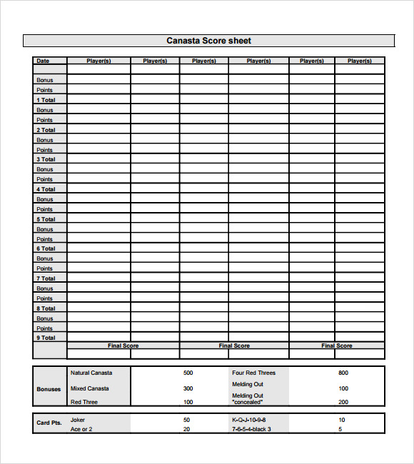 FREE 7 Sample Canasta Score Sheet Templates In PDF