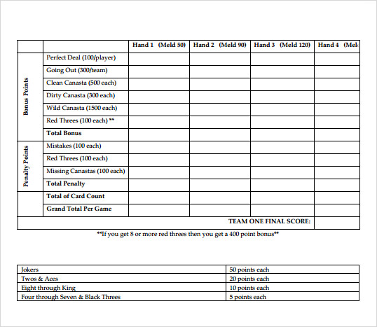 8  Sample Canasta Score Sheets Sample Templates