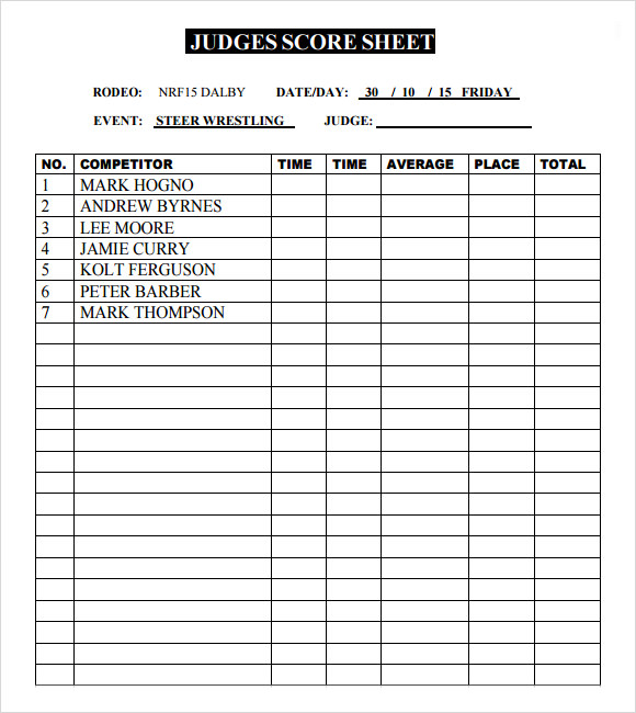 Printable Wrestling Score Sheets