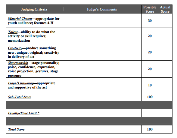 judging speech sheet Sheets 9 Pages Score  Word, Sample  PDF, Show  Talent