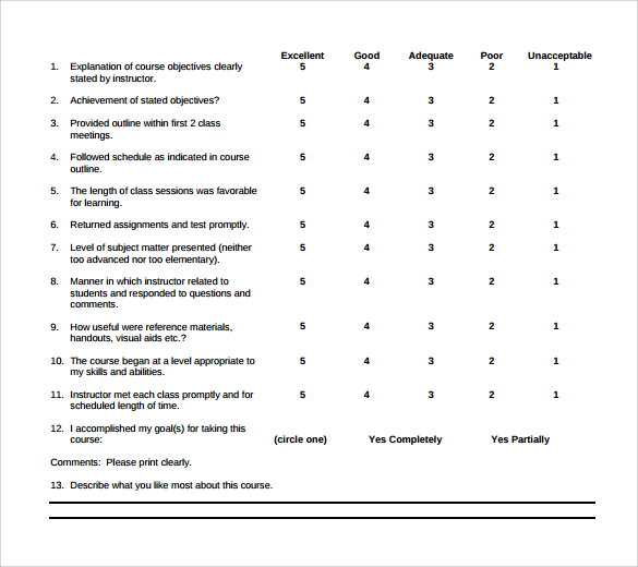 print course evaluation form