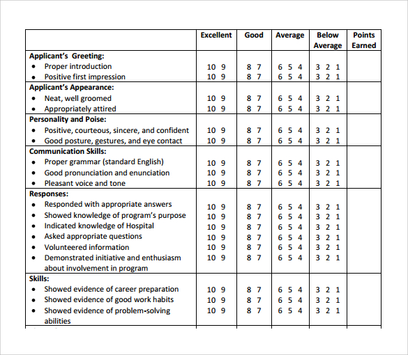 example of interview evaluation form