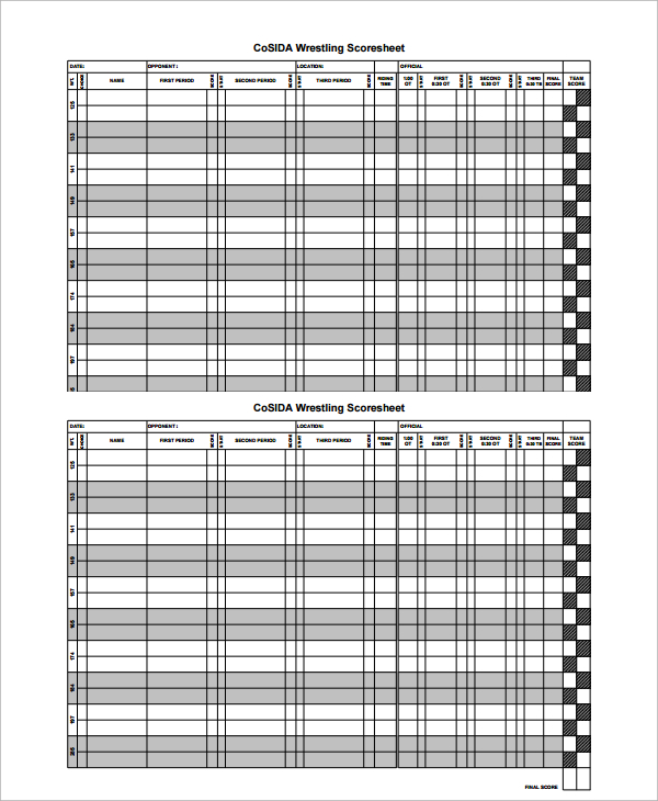 FREE 9+ Sample Wrestling Score Sheet Templates in PDF