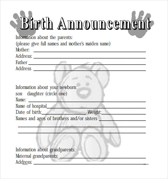 FREE 7+ Sample Birth Announcement Templates in PDF