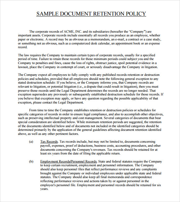 retention sample policy document Word, Document Sample PDF  Policy Documents Retention in  12