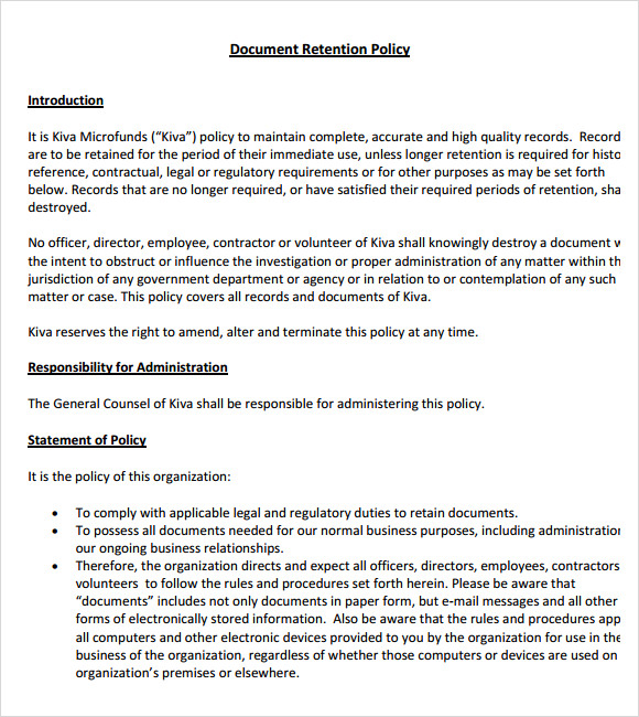 FREE 12+ Sample Document Retention Policy Templates in MS Word PDF