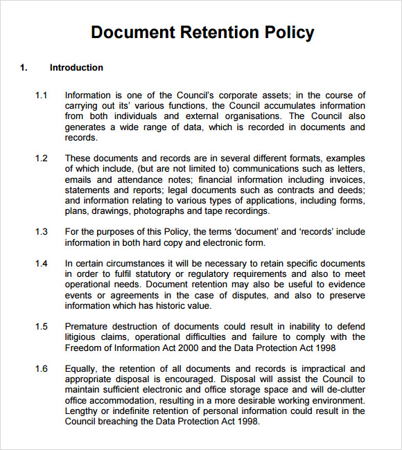 Personal Record Retention Chart