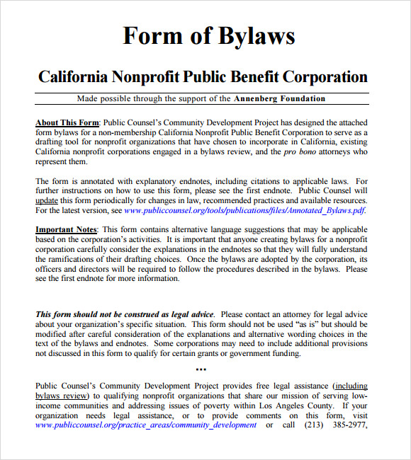 sample bylaws form