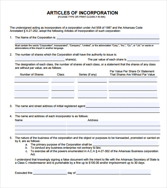 printable articles of incorporation