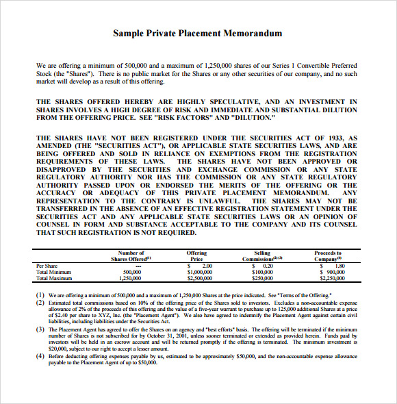 sample private placement memorandum pdf