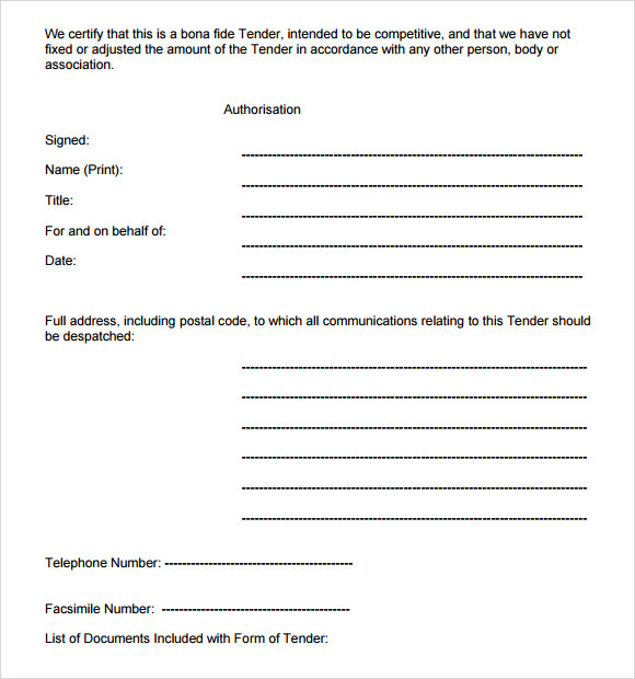 Tender Sample HQ Printable Documents