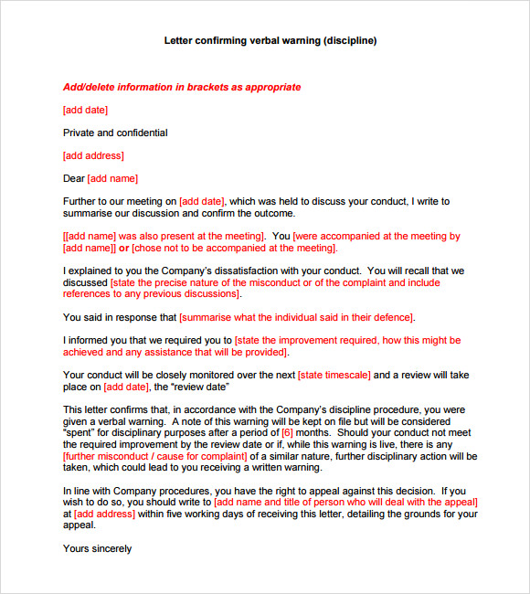 letter example business reprimand Verbal Apple Warning Templates Word,  Pages PDF, 10