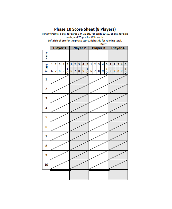 6+ Phase 10 Score Sheet Templates Sample Templates