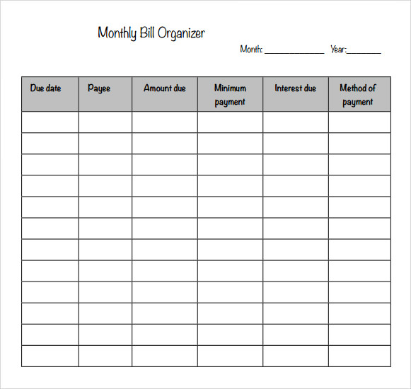 FREE 4+ Sample Bill Organizer Chart Templates in PDF