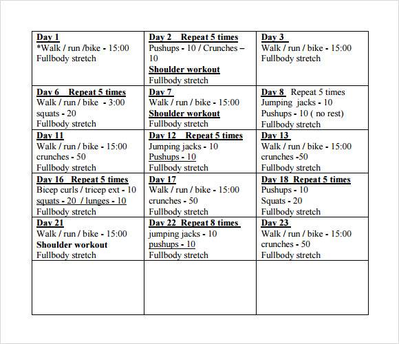 workout chart template pdf