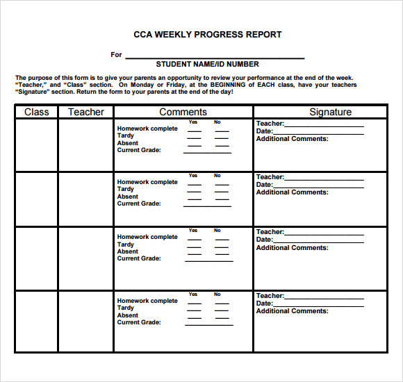 Elementary School Progress Report Template