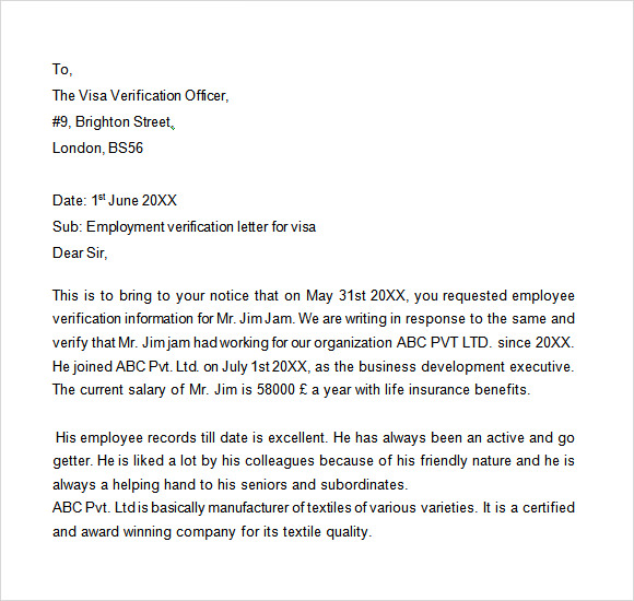 Sample letter from employer for visa application