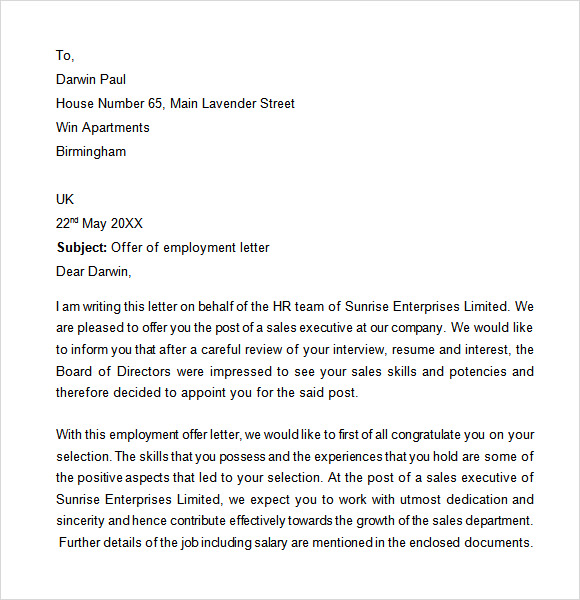 sample offer of employment letter