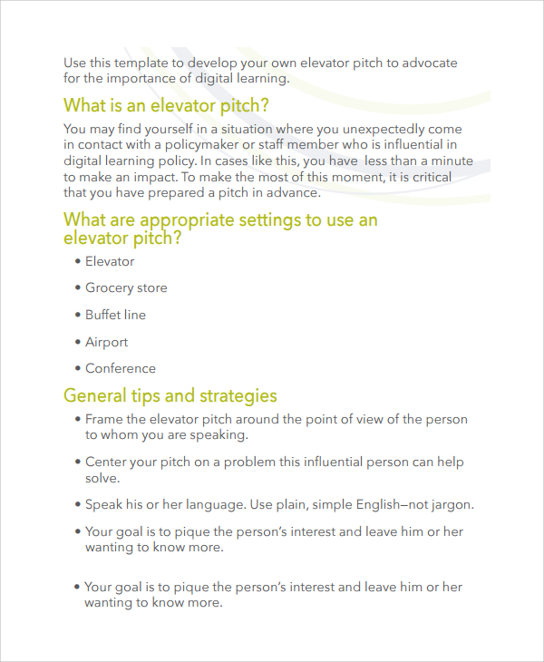 FREE 10+ Sample Elevator Pitch Examples in MS Word PDF