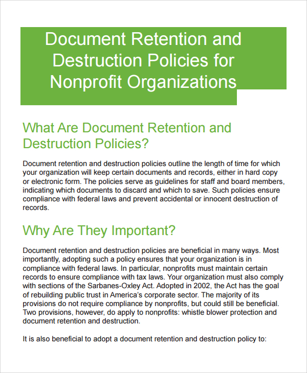 Sample Record Retention Policy For Nonprofits Classles Democracy