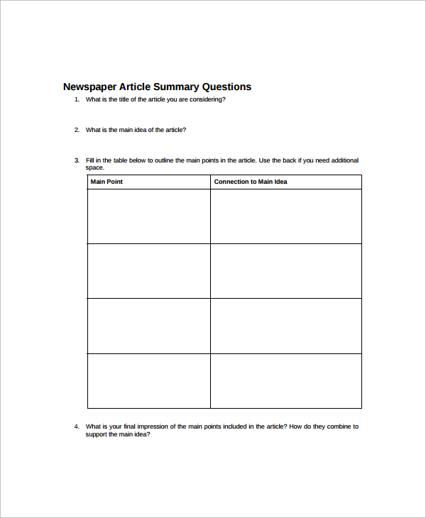 newspaper article summary questions