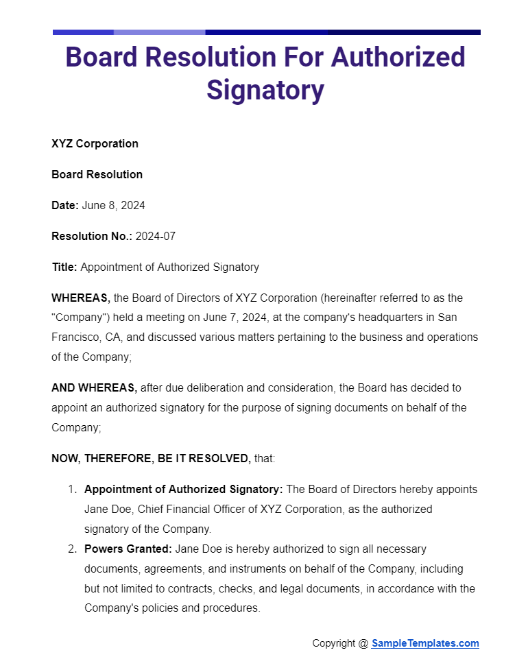 board resolution for authorised signatory