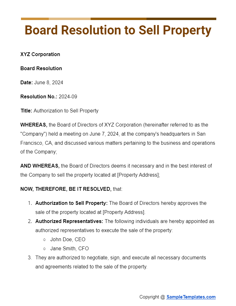 board resolution to sell property