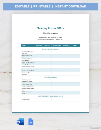 cleaning roster template for office