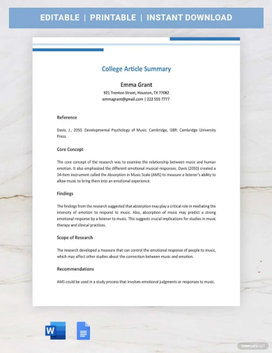 college article summary template
