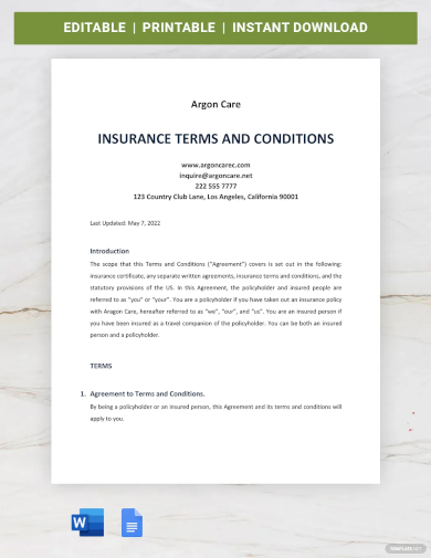 insurance terms and conditions template