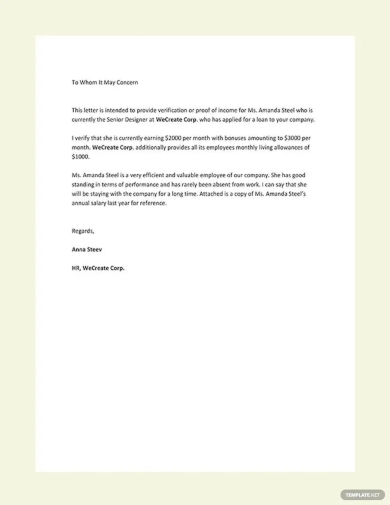 proof of income letter template