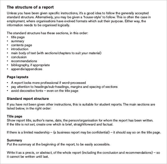 standard report structure writing