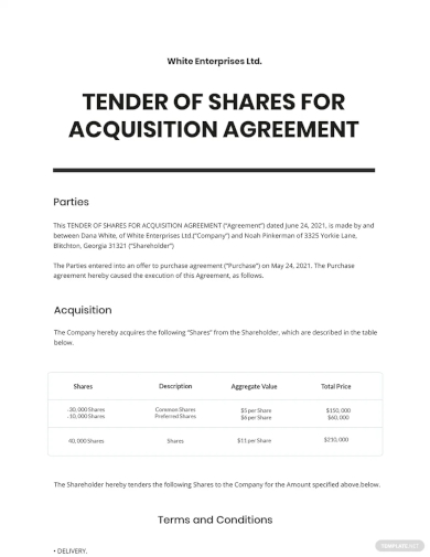 tender of shares for acquisition template