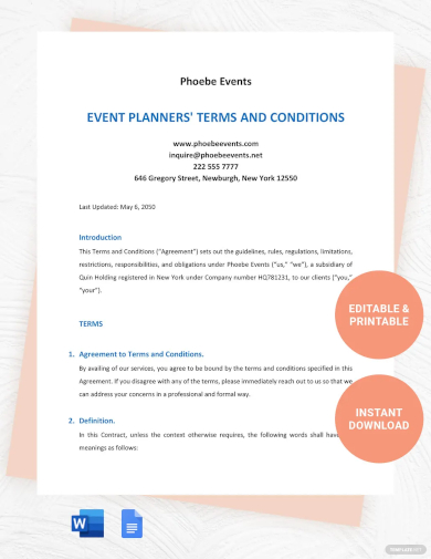 terms and conditions template for event planners