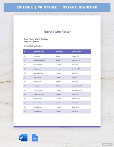 travel team roster template