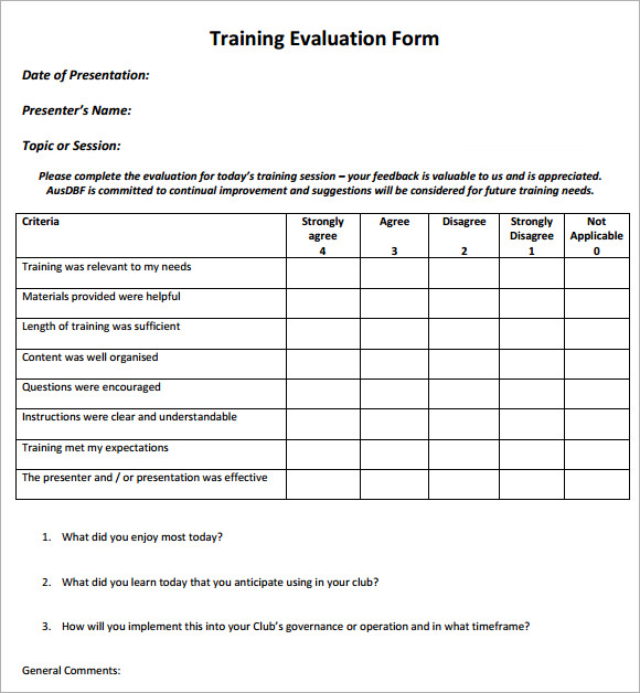 training evaluation form sample