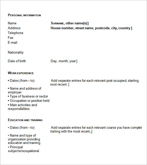 blank cv template example