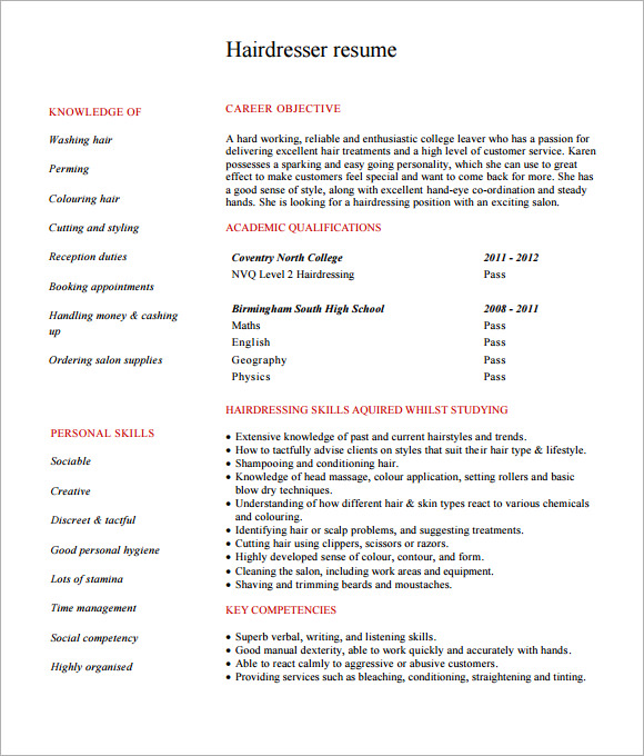 resume format for hairdresser job