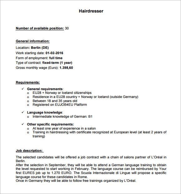 Sample Hairdressing CV Template - 7+ Download Documents in PDF