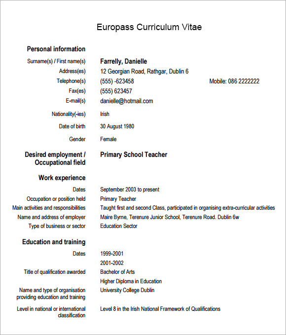 Europass Curriculum Vitae Sample